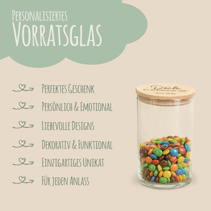 Graviertes Vorratsglas mit Holzdeckel - Danke für die kunterbunte Zeit
