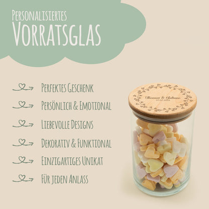 Graviertes Vorratsglas mit Holzdeckel - Kranz Herzen