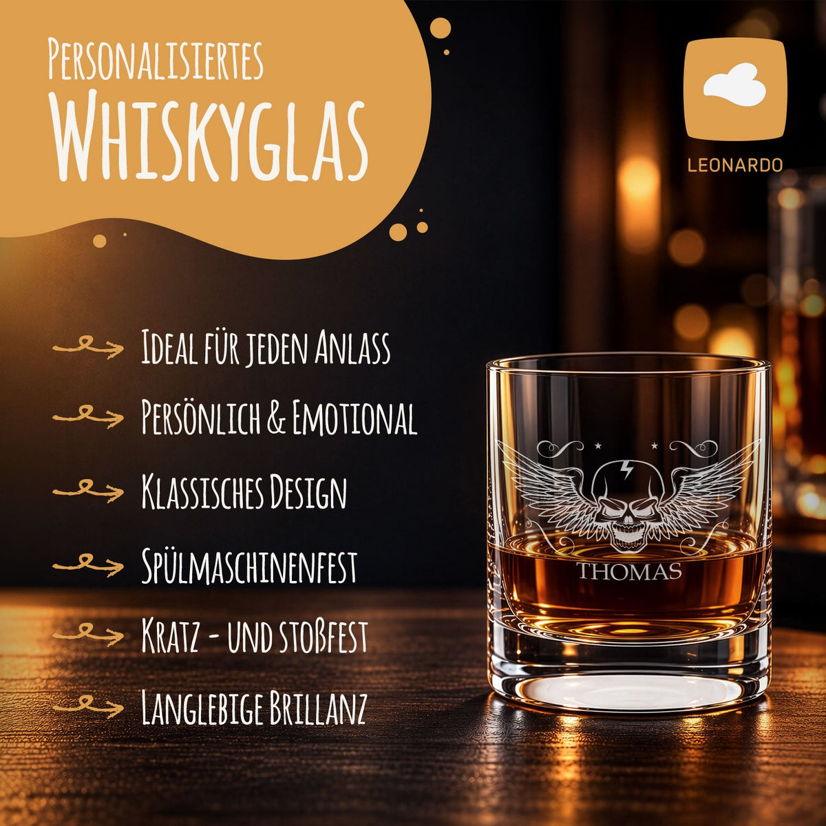 Leonardo Whiskyglas mit Gravur "Totenkopf"