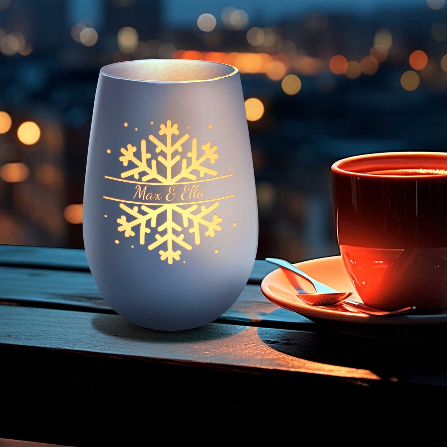 Deko Windlicht aus Glas mit Gravur - Schneeflocke - Personalisiert mit Namen - Geschenk zu Weihnacht