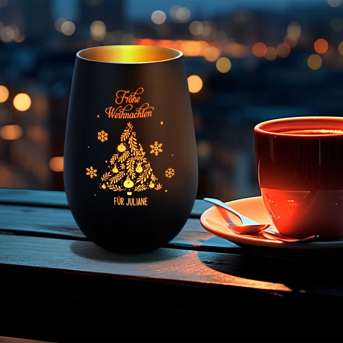 Deko Windlicht aus Glas mit Gravur - Frohe Weihnachten - Personalisiert mit Namen