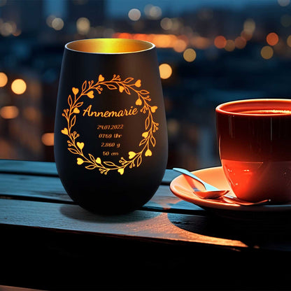 Deko Windlicht aus Glas mit Gravur - Geschenk zur Geburt - Personalisiert mit Namen