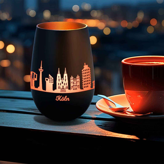 Deko Windlicht aus Glas mit Gravur - Skyline Köln
