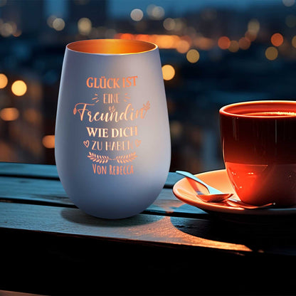Deko Windlicht aus Glas mit Gravur - Glück ist eine Freundin wie Dich zu haben - Personalisiert mit