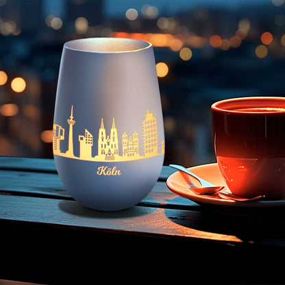Deko Windlicht aus Glas mit Gravur - Skyline Köln