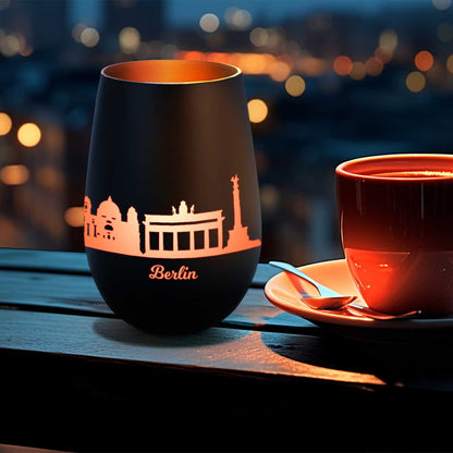 Deko Windlicht aus Glas mit Gravur - Skyline Berlin