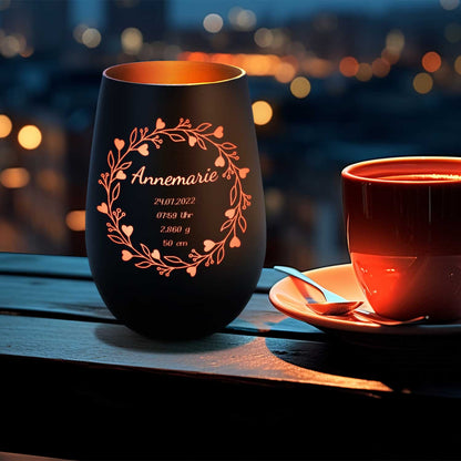Deko Windlicht aus Glas mit Gravur - Geschenk zur Geburt - Personalisiert mit Namen