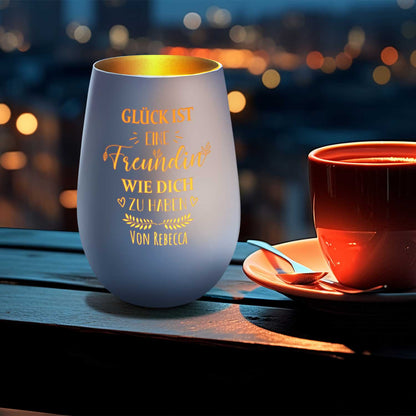 Deko Windlicht aus Glas mit Gravur - Glück ist eine Freundin wie Dich zu haben - Personalisiert mit