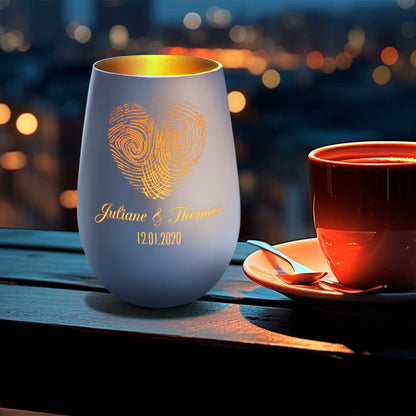 Deko Windlicht aus Glas mit Gravur - Herz Fingerabdruck - Personalisiert mit Namen & Datum