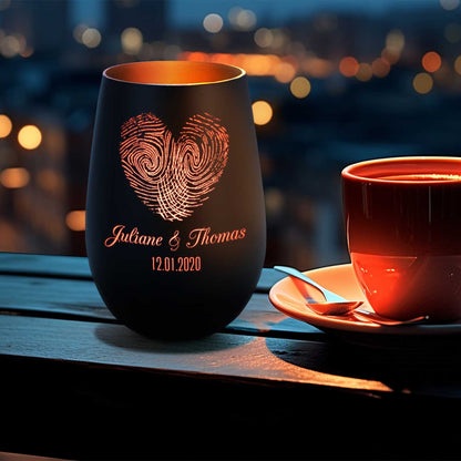 Deko Windlicht aus Glas mit Gravur - Herz Fingerabdruck - Personalisiert mit Namen & Datum