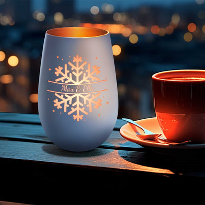 Deko Windlicht aus Glas mit Gravur - Schneeflocke - Personalisiert mit Namen - Geschenk zu Weihnacht