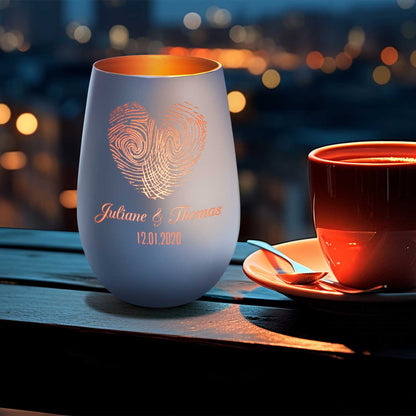 Deko Windlicht aus Glas mit Gravur - Herz Fingerabdruck - Personalisiert mit Namen & Datum