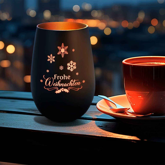 Deko Windlicht aus Glas mit Gravur - Frohe Weihnachten Schneeflocke