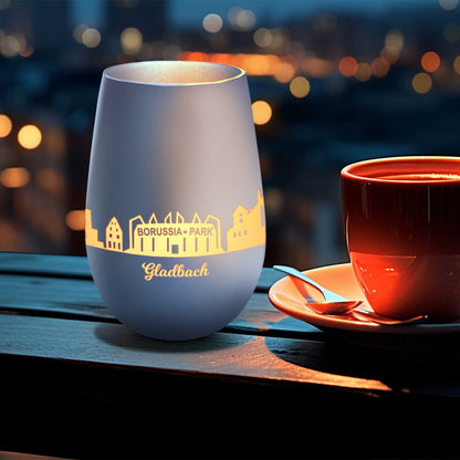 Deko Windlicht aus Glas mit Gravur - Skyline Gladbach