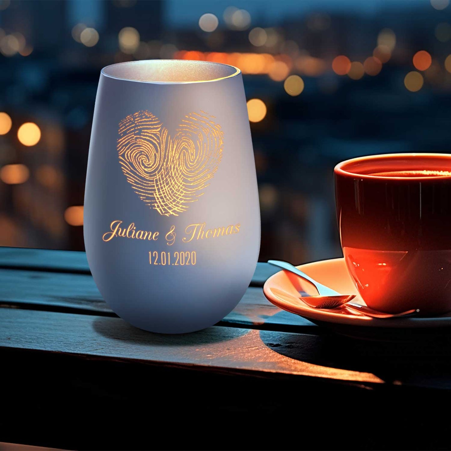 Deko Windlicht aus Glas mit Gravur - Herz Fingerabdruck - Personalisiert mit Namen & Datum