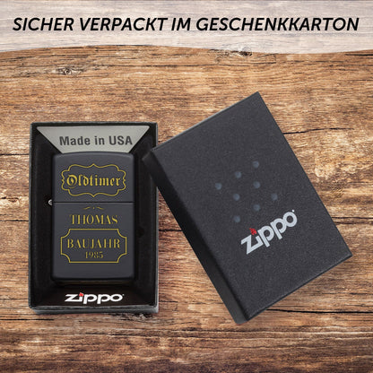 GRAVURZEILE x ZIPPO Personalisiertes Sturmfeuerzeug - Oldtimer - Windfest und Langlebig - Nachfüllbar