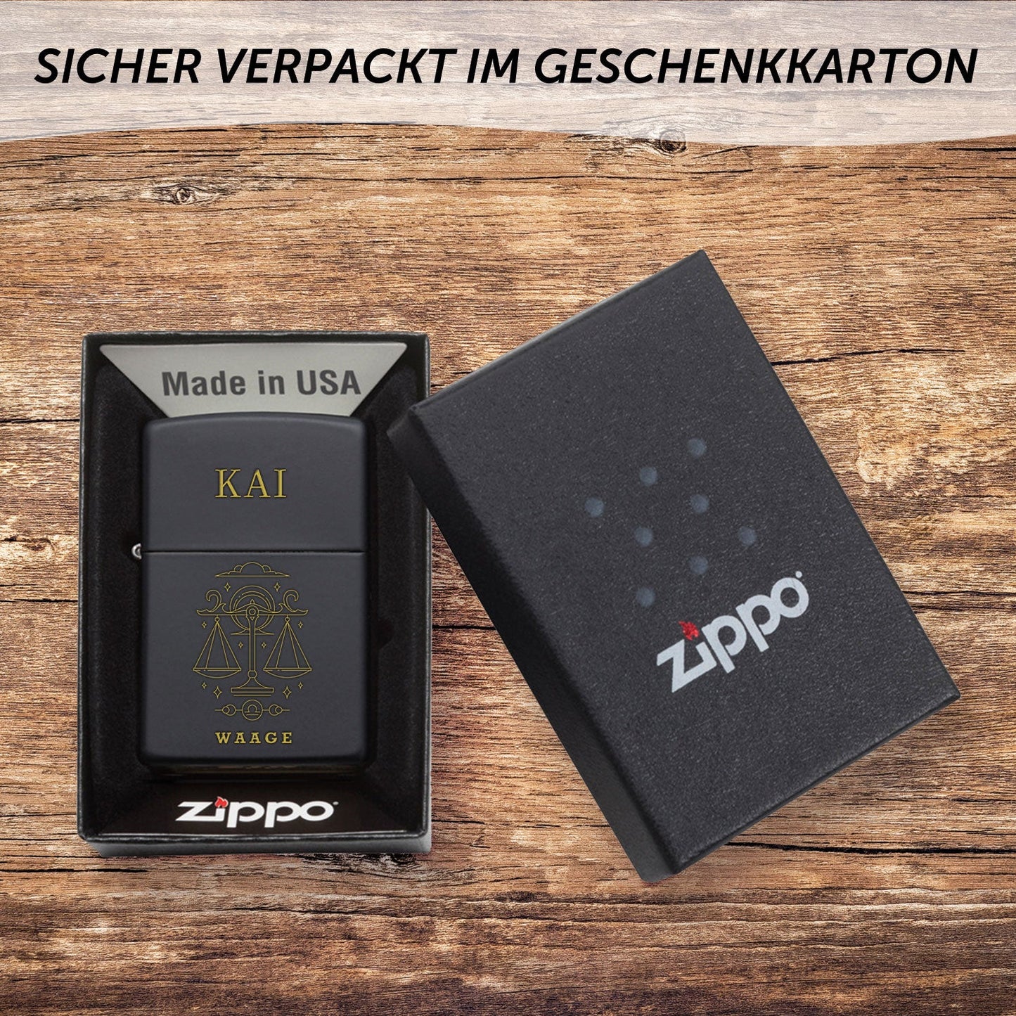 GRAVURZEILE x ZIPPO Personalisiertes Sturmfeuerzeug - Sternzeichen - Windfest und Langlebig - Nachfüllbar