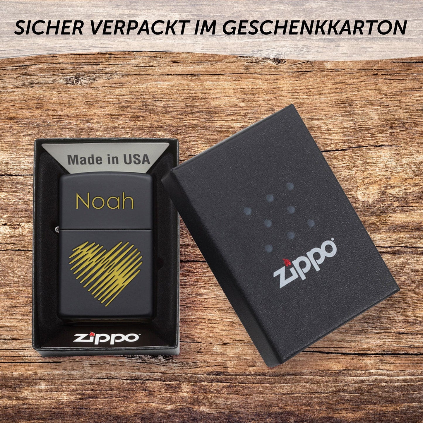 GRAVURZEILE x ZIPPO Personalisiertes Sturmfeuerzeug - Wunschtext & Icon - Windfest und Langlebig - Nachfüllbar