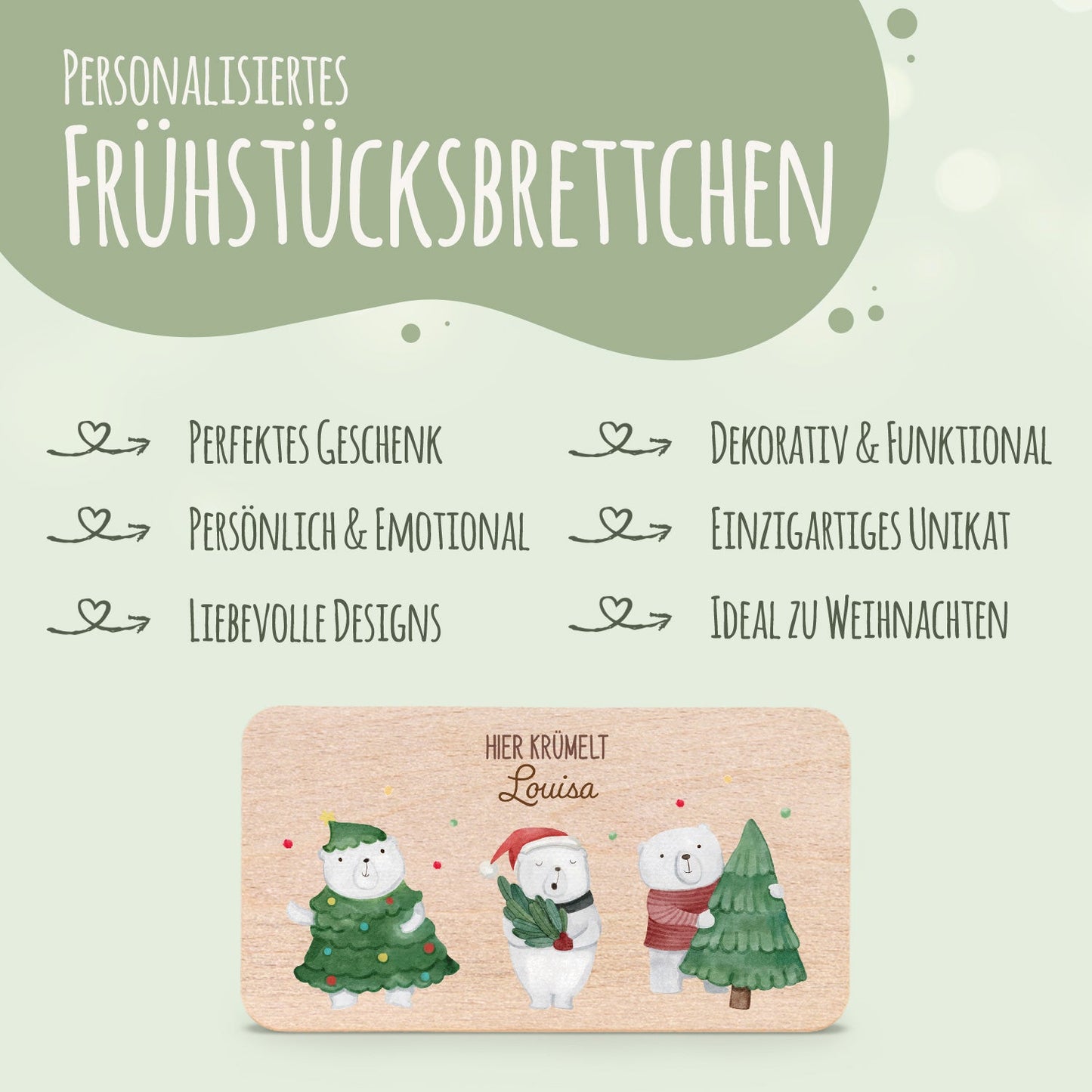 Frühstücksbrettchen zu Weihnachten - Eisbären - personalisiert mit Name