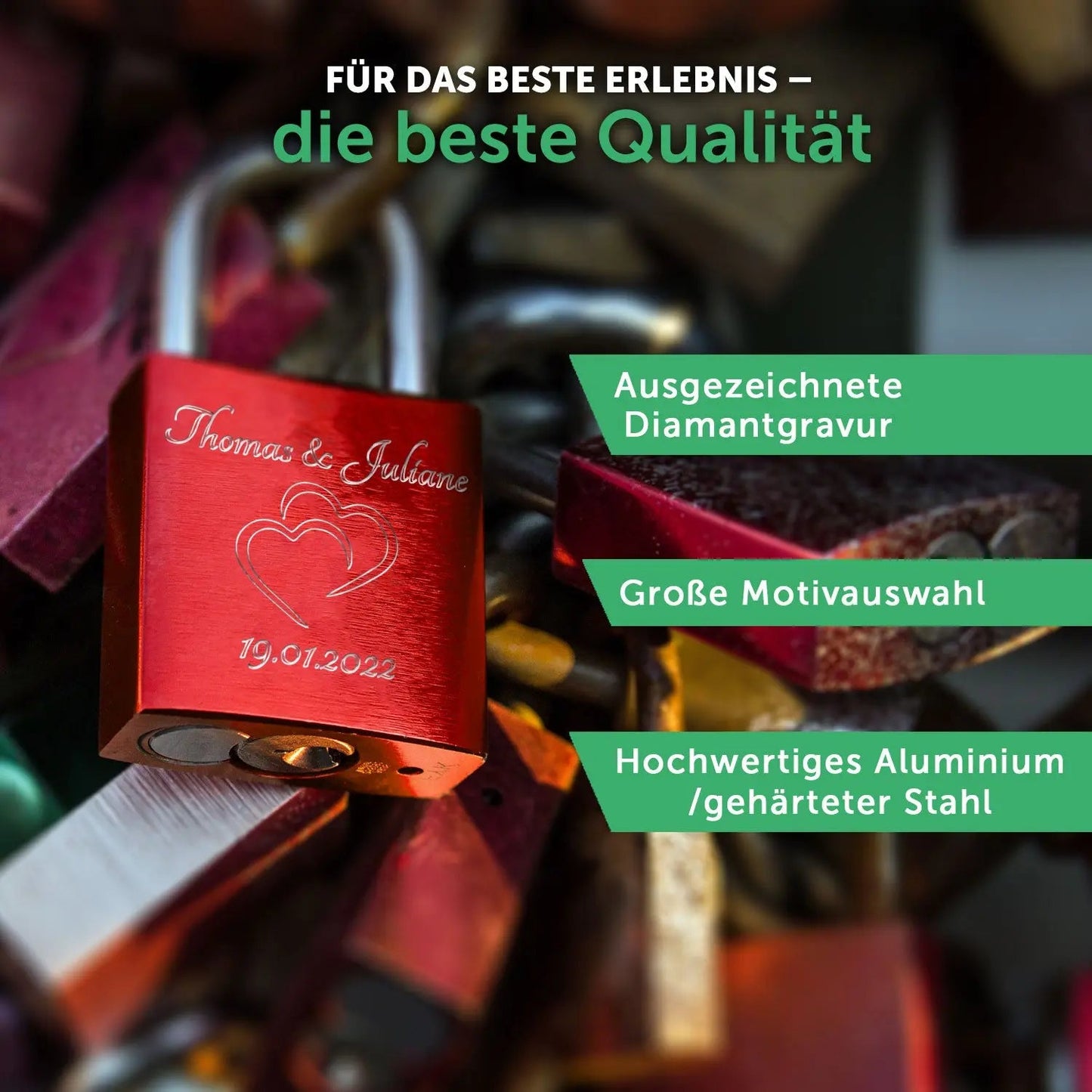 Liebesschloss in Grün mit Gravur