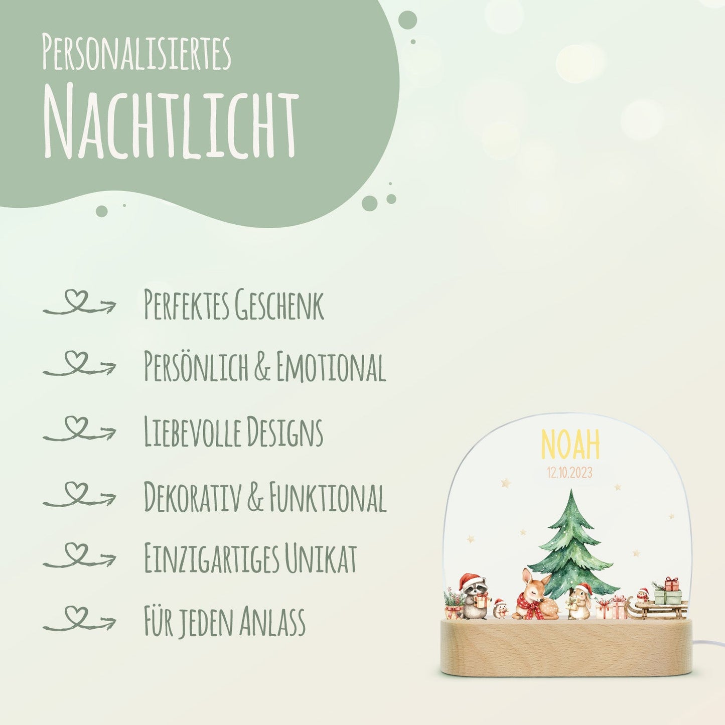 Kinder LED Nachtlicht mit Sockel aus Holz - "Geschenktiere"