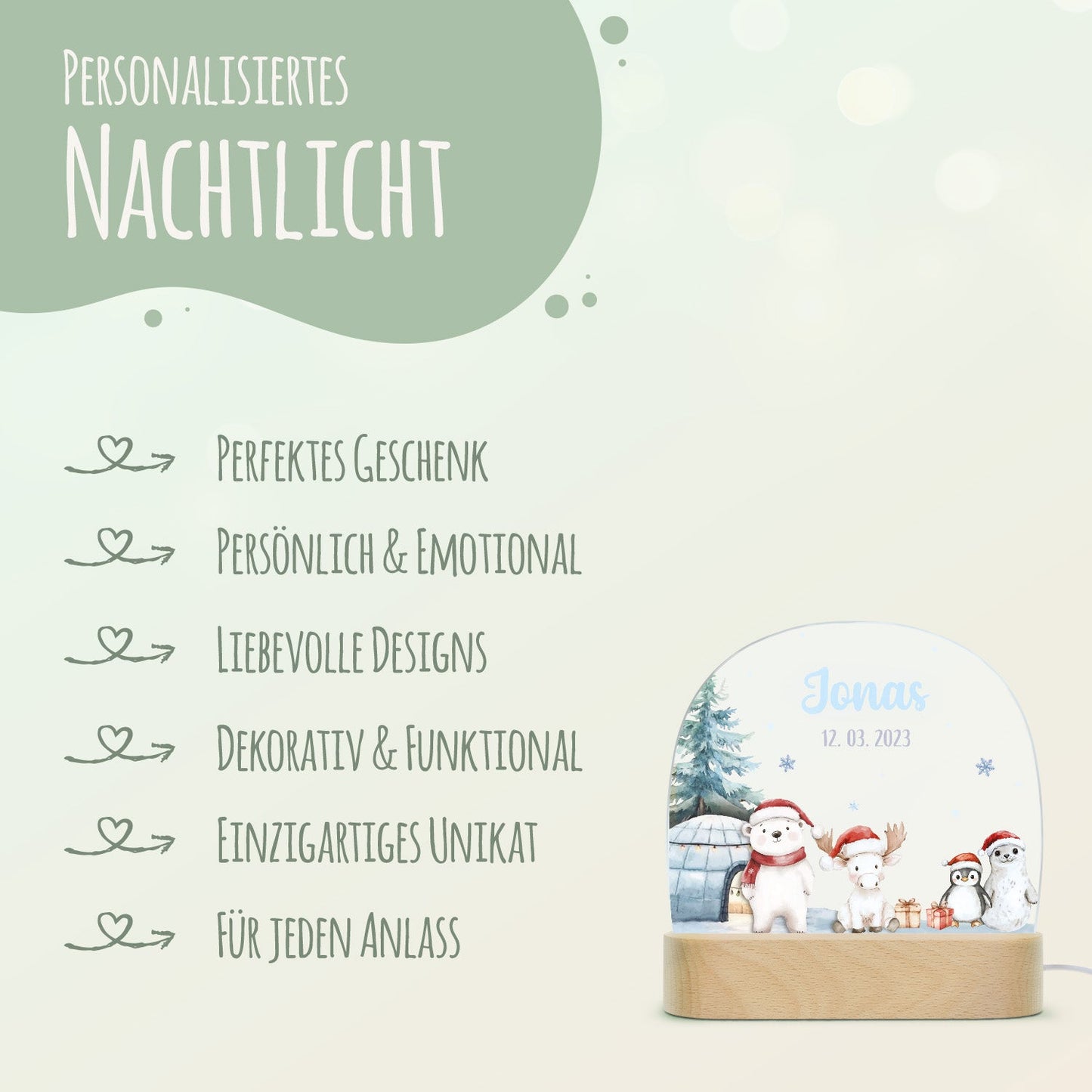 Kinder LED Nachtlicht mit Sockel aus Holz - "Nordpol"