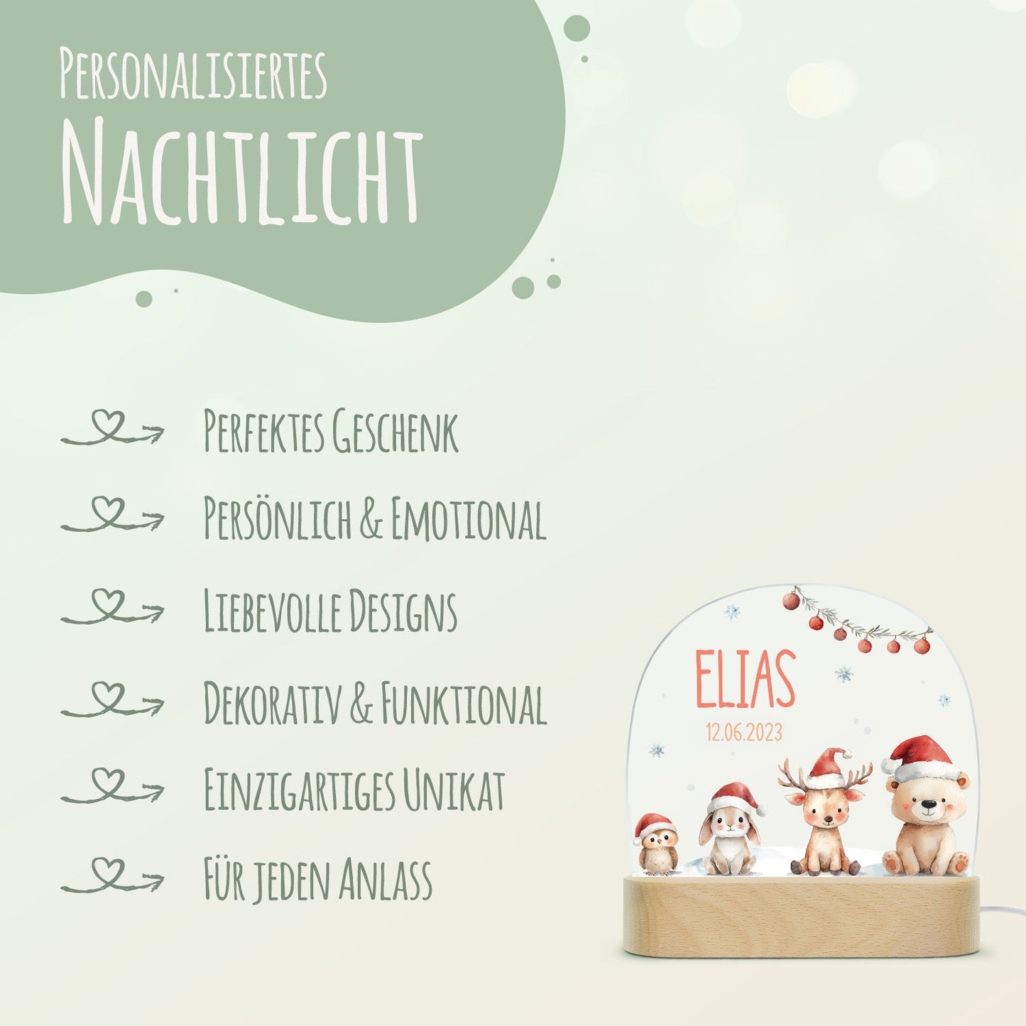 Kinder LED Nachtlicht mit Sockel aus Holz - "Schneetiere"