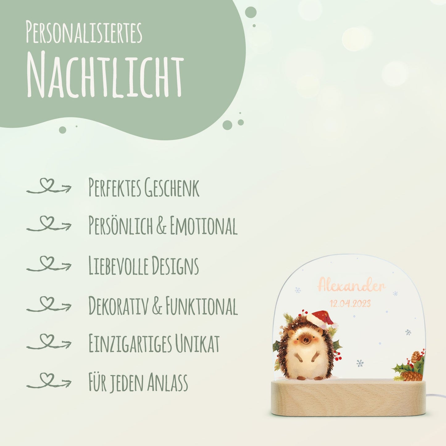 Kinder LED Nachtlicht mit Sockel aus Holz - "Weihnachtstiere"