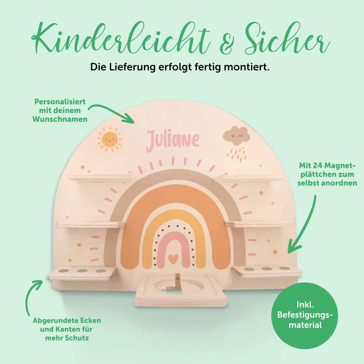 Toniebox Regal für Kinderzimmer - Regenbogen Pastell - Personalisiert mit Namen