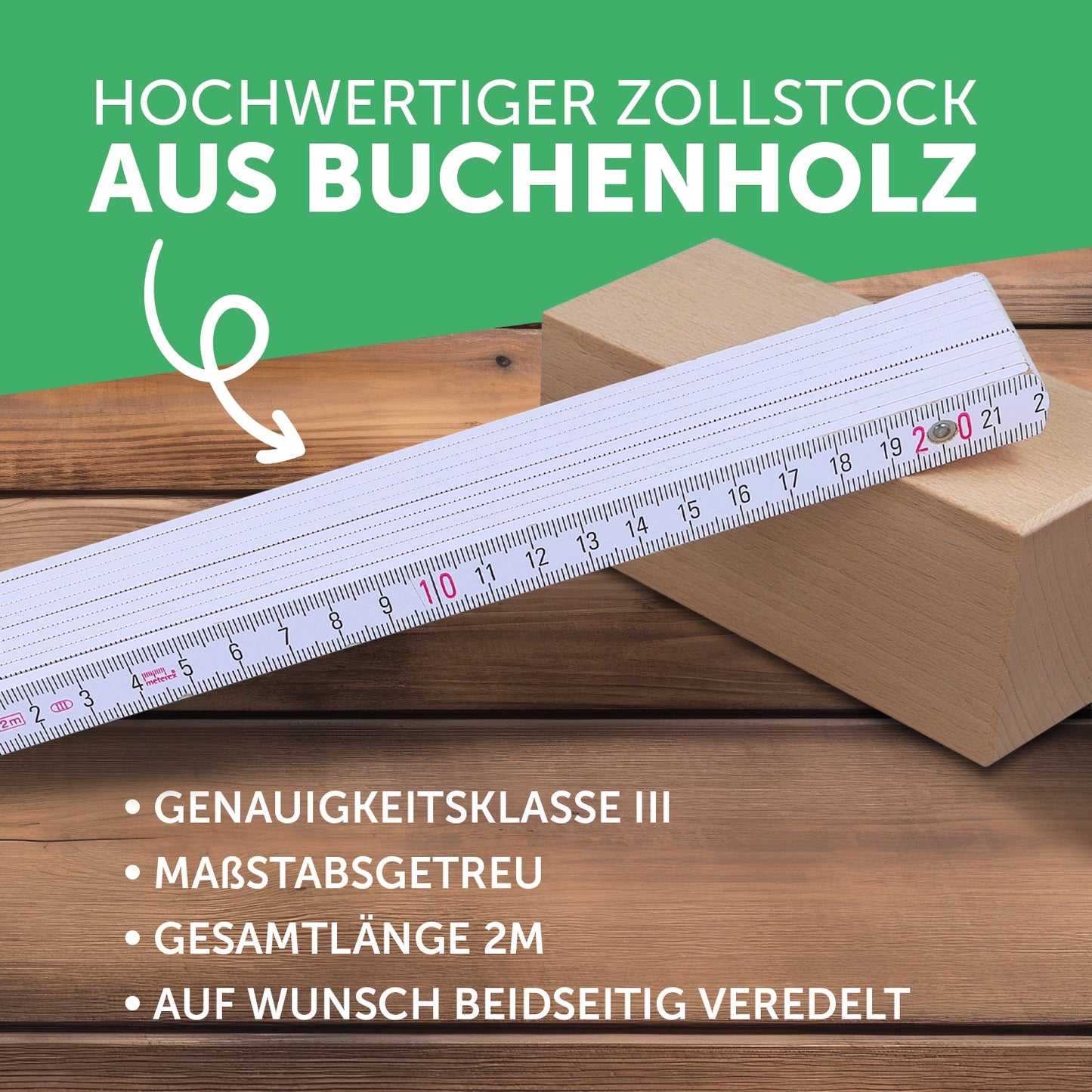 Zollstock 2 Meter mit Gravur oder Druck - Wunschname - Personalisiert mit Namen