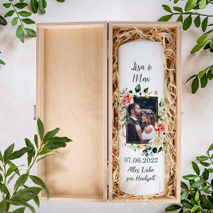 Große Kerze - "Hochzeitsfoto" - Hochzeitskerze mit Foto, Namen, Datum & Wunschtext