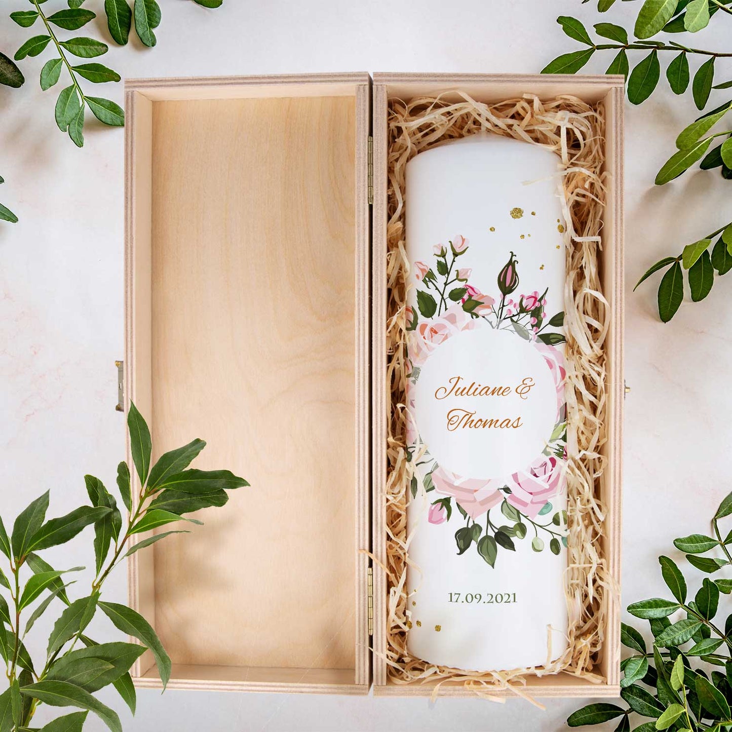 Große Kerze "Summer & Flower" - Hochzeitskerze mit Namen, Datum & Wunschtext
