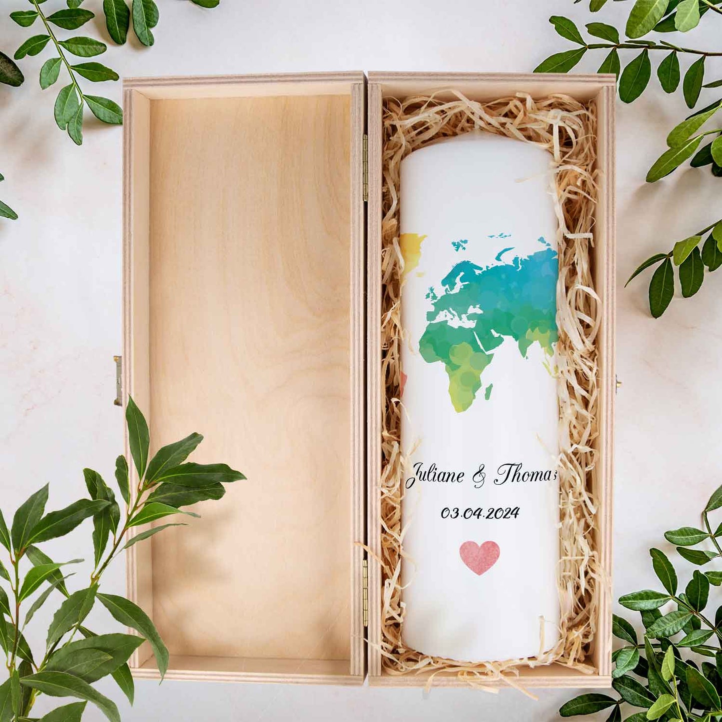 Große Kerze "Weltkarte" Hochzeitskerze mit Namen, Datum und Wunschtext