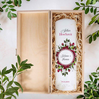 Große Kerze "Silber Hochzeit" - Hochzeitskerze mit Namen, Datum & Wunschtext zur Silberhochzeit