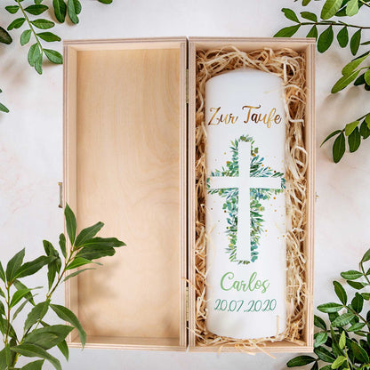 Große Kerze "Eukalyptus Kreuz" - Taufkerze mit Namen, Datum & Taufspruch