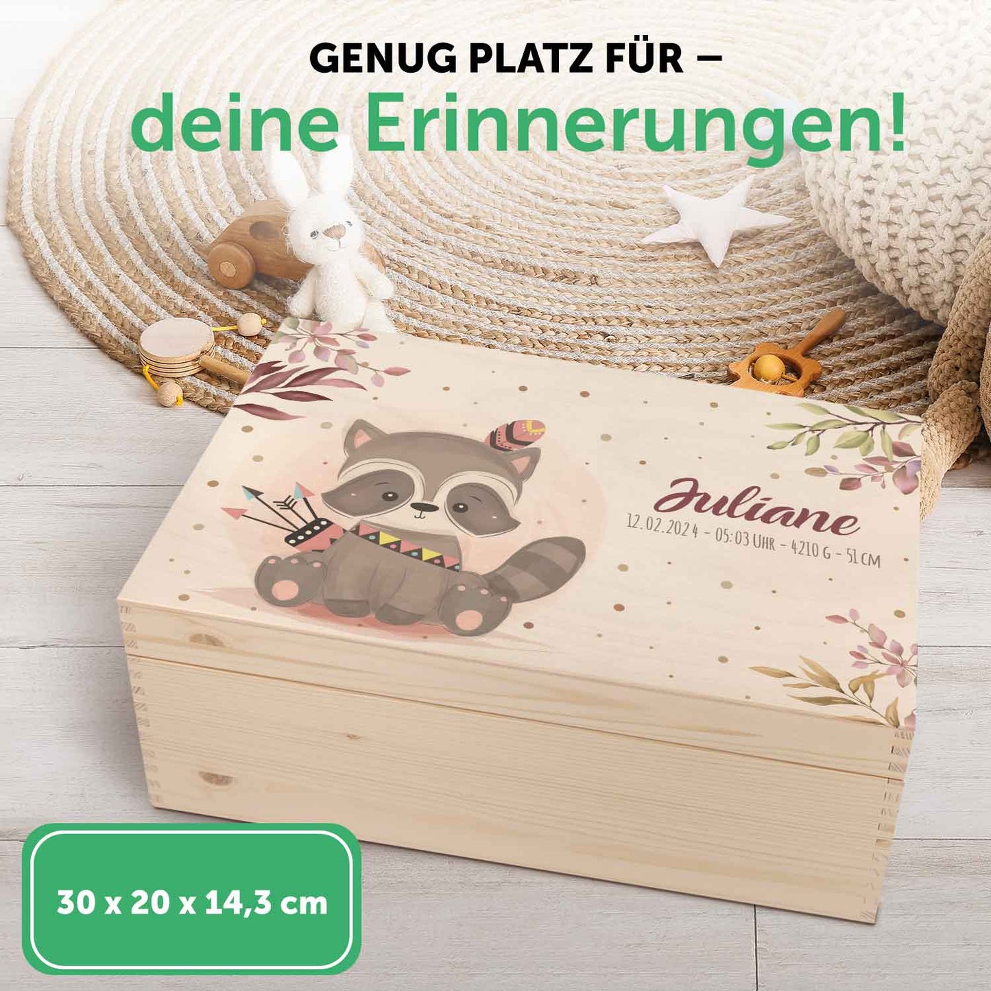 Erinnerungskiste für Kinder mit UV-Druck im Waschbär Design