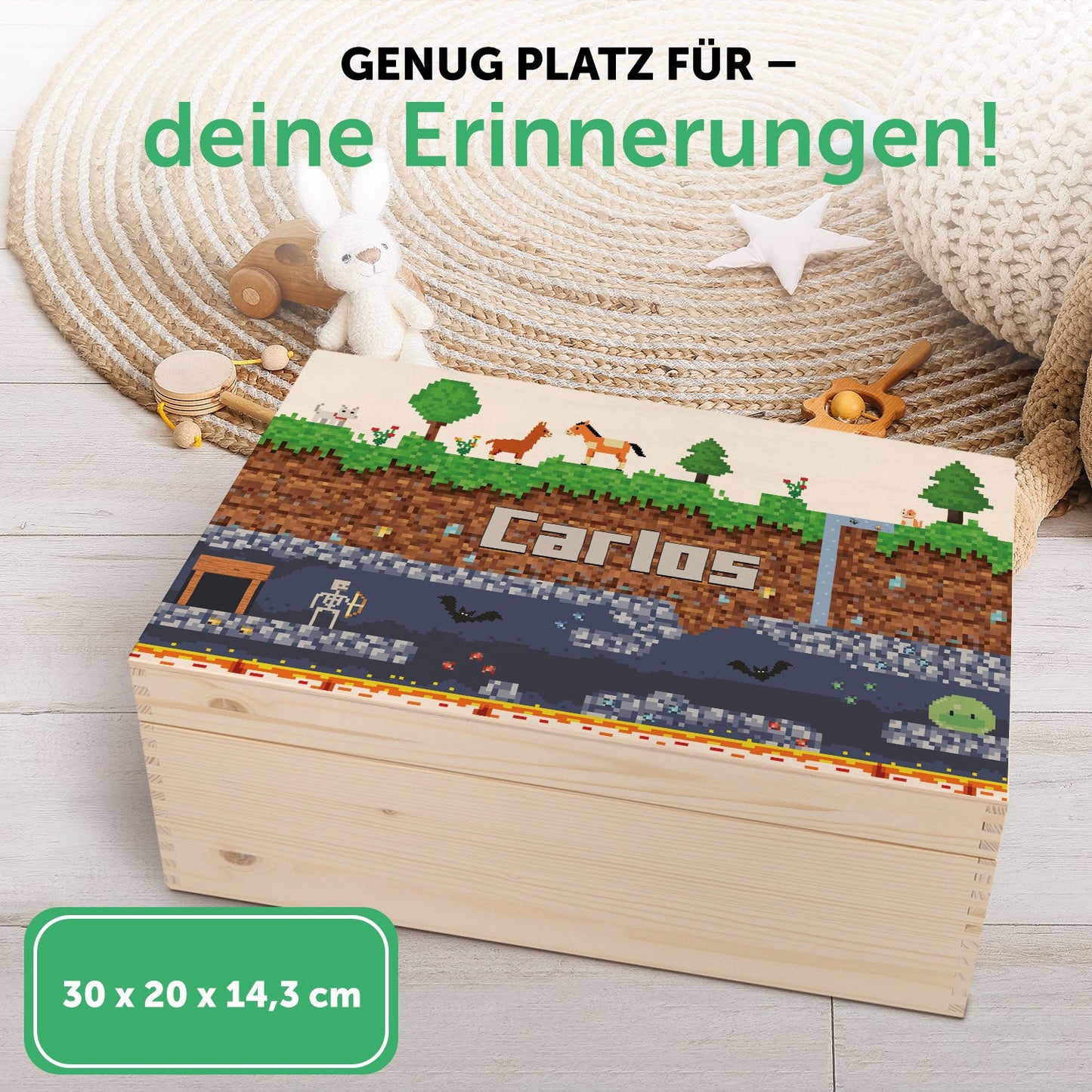 Erinnerungskiste für Kinder mit UV-Druck im Pixelerde Design