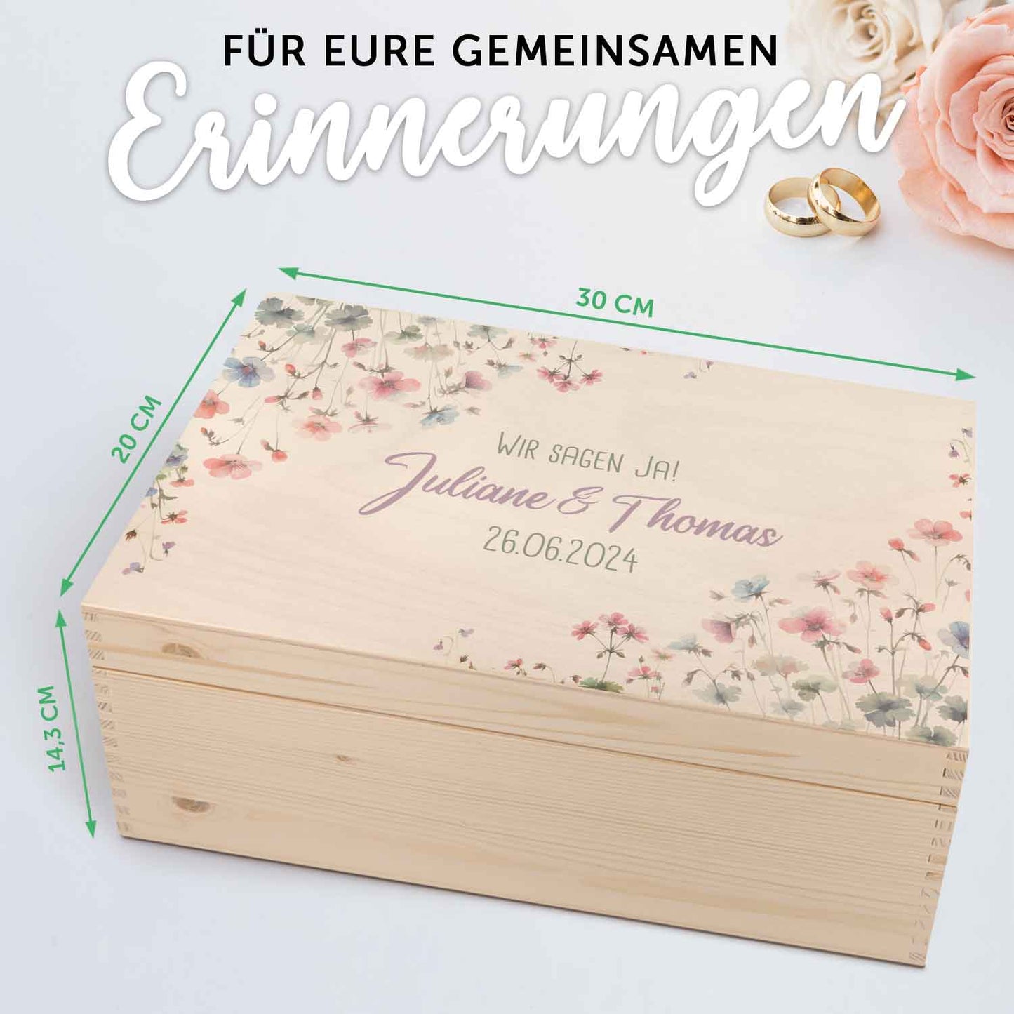 Erinnerungskiste mit UV-Druck im Pastell Flowers Design - Personalisiertes Geschenk zur Hochzeit