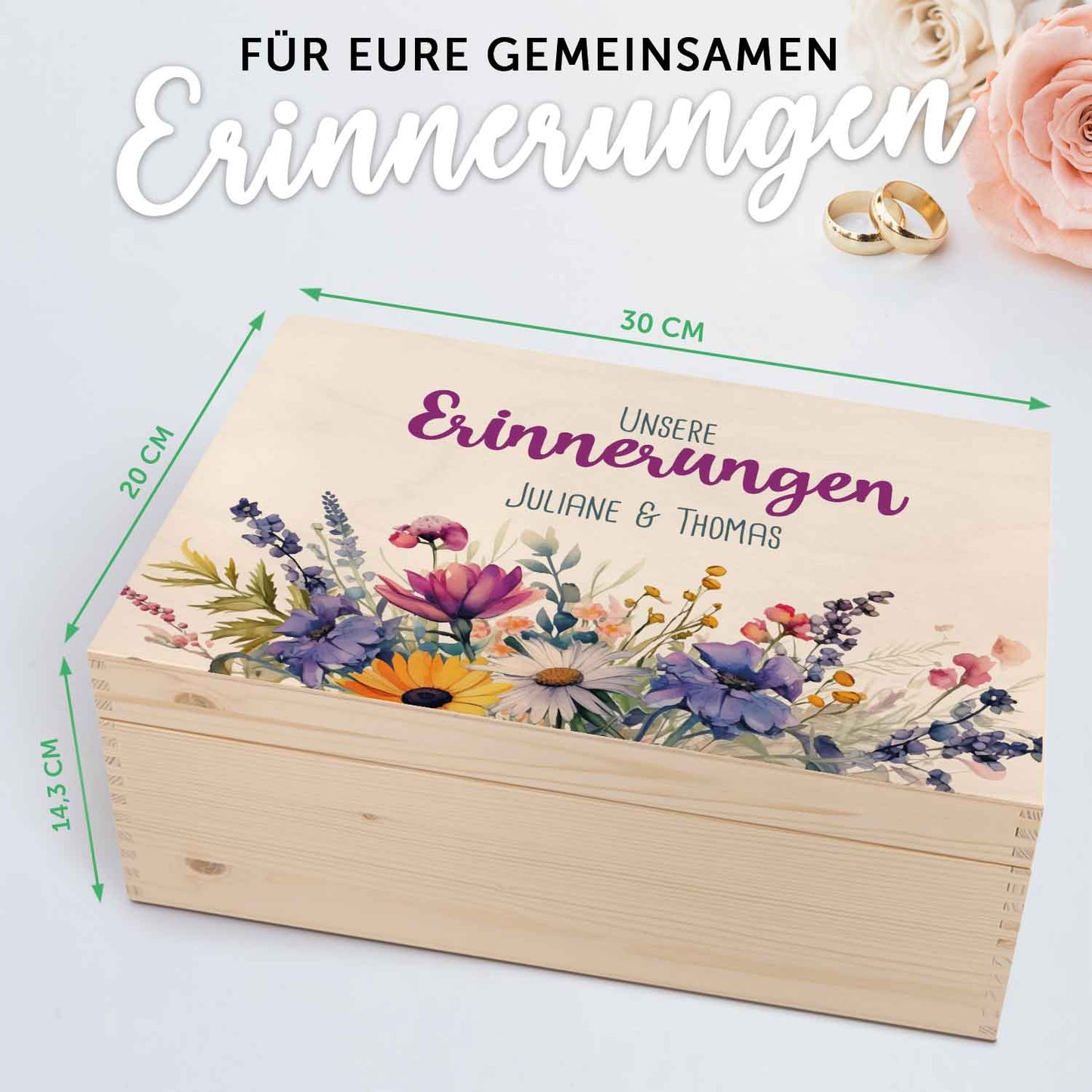 Erinnerungskiste mit UV-Druck im Unsere Erinnerungen Design - Personalisiertes Geschenk zur Hochzeit