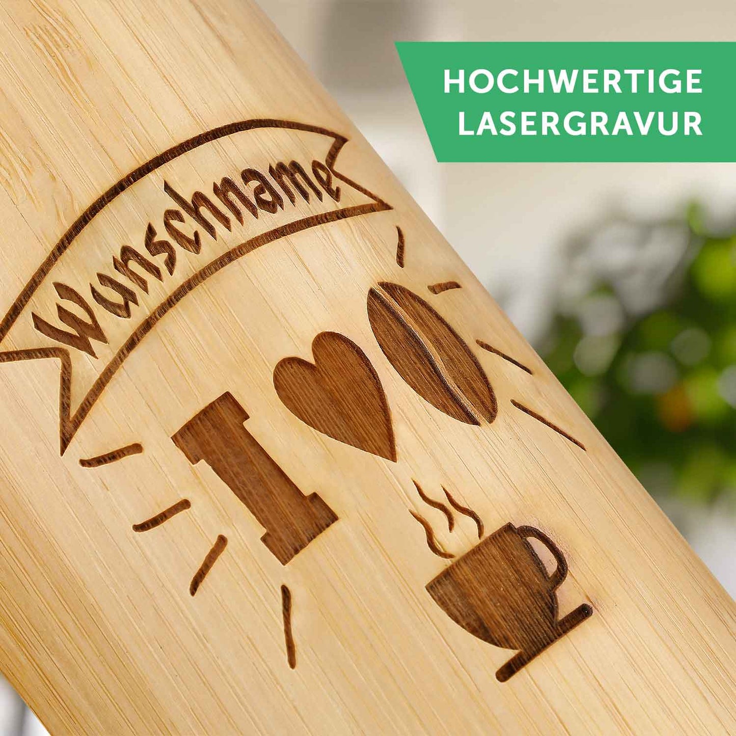 Kaffeebecher aus Bambus mit Gravur - verschiedene Motive