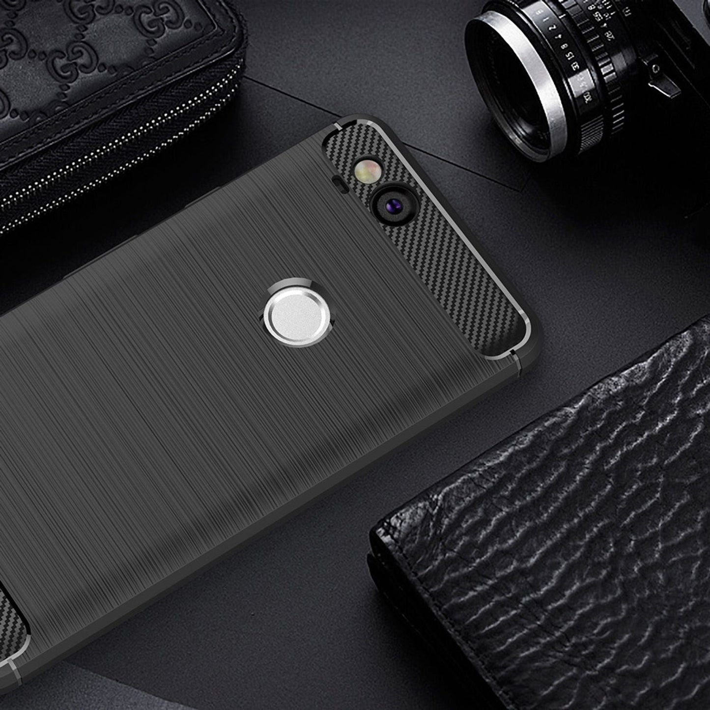 NALIA Silikonhülle für Google Pixel 2 – Rutschfest & Matt – VORTEX (Gebürstete Optik & Carbon Design) – Marke aus Berlin