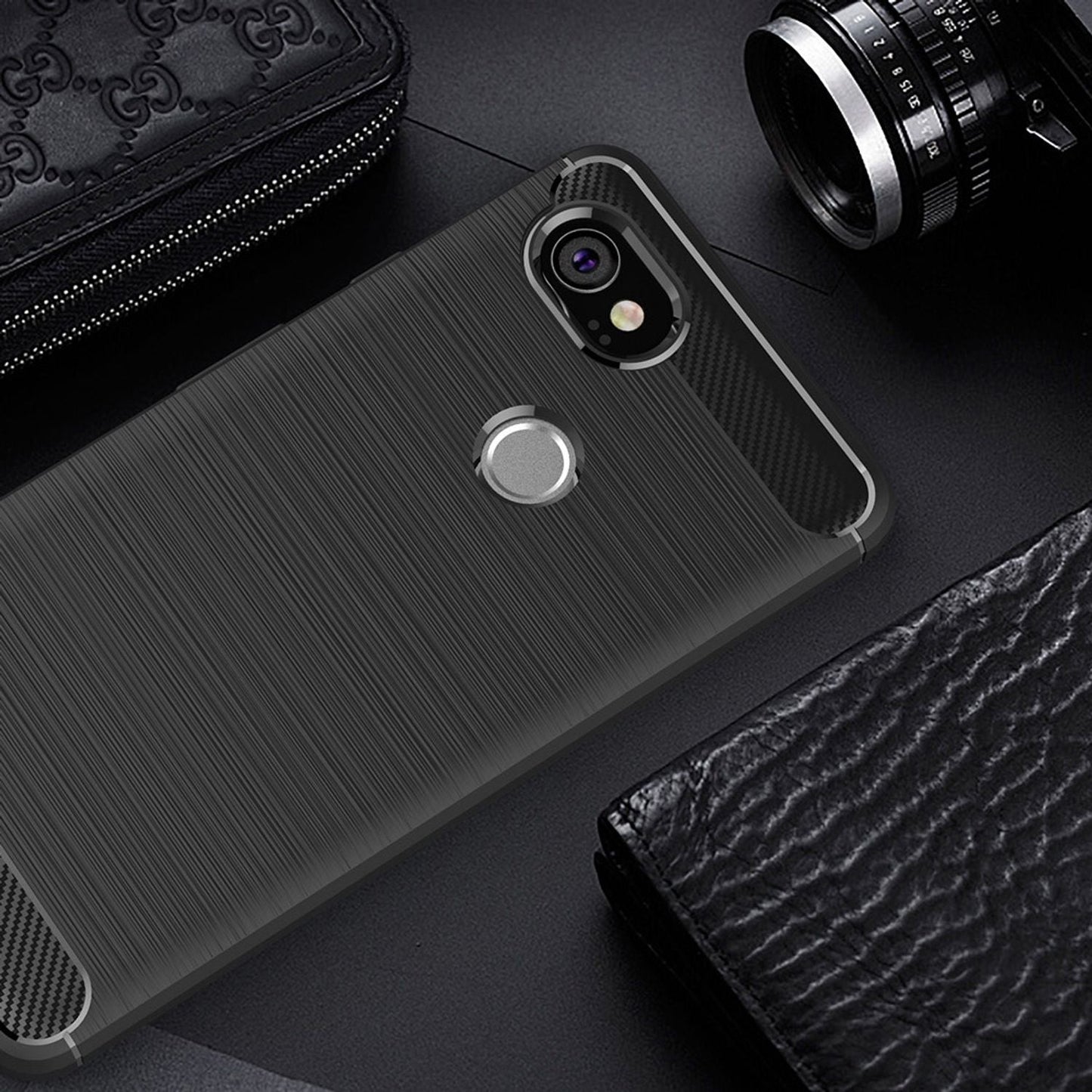 NALIA Silikonhülle für Google Pixel 2 XL – Rutschfest & Matt – VORTEX (Gebürstete Optik & Carbon Design) – Marke aus Berlin
