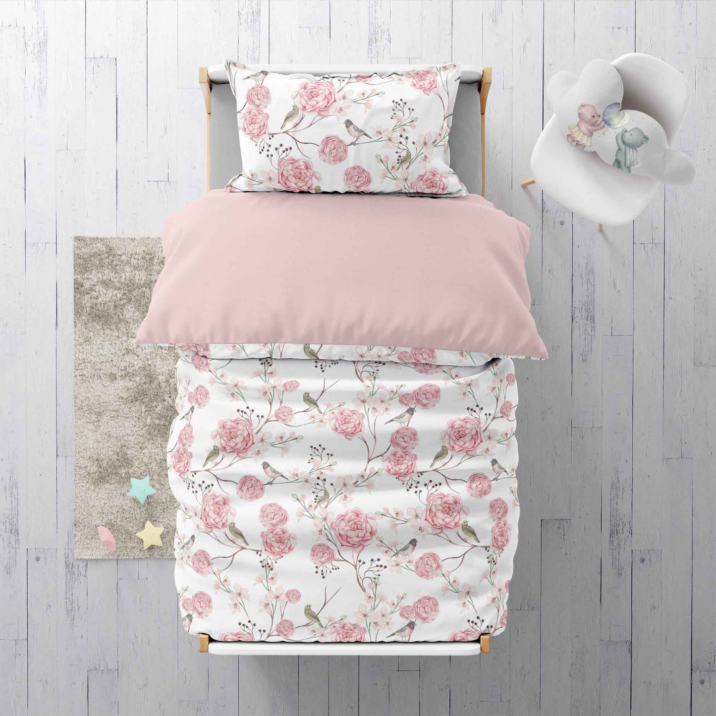 "Vögel und Blumen" Premium Kinderbettwäsche