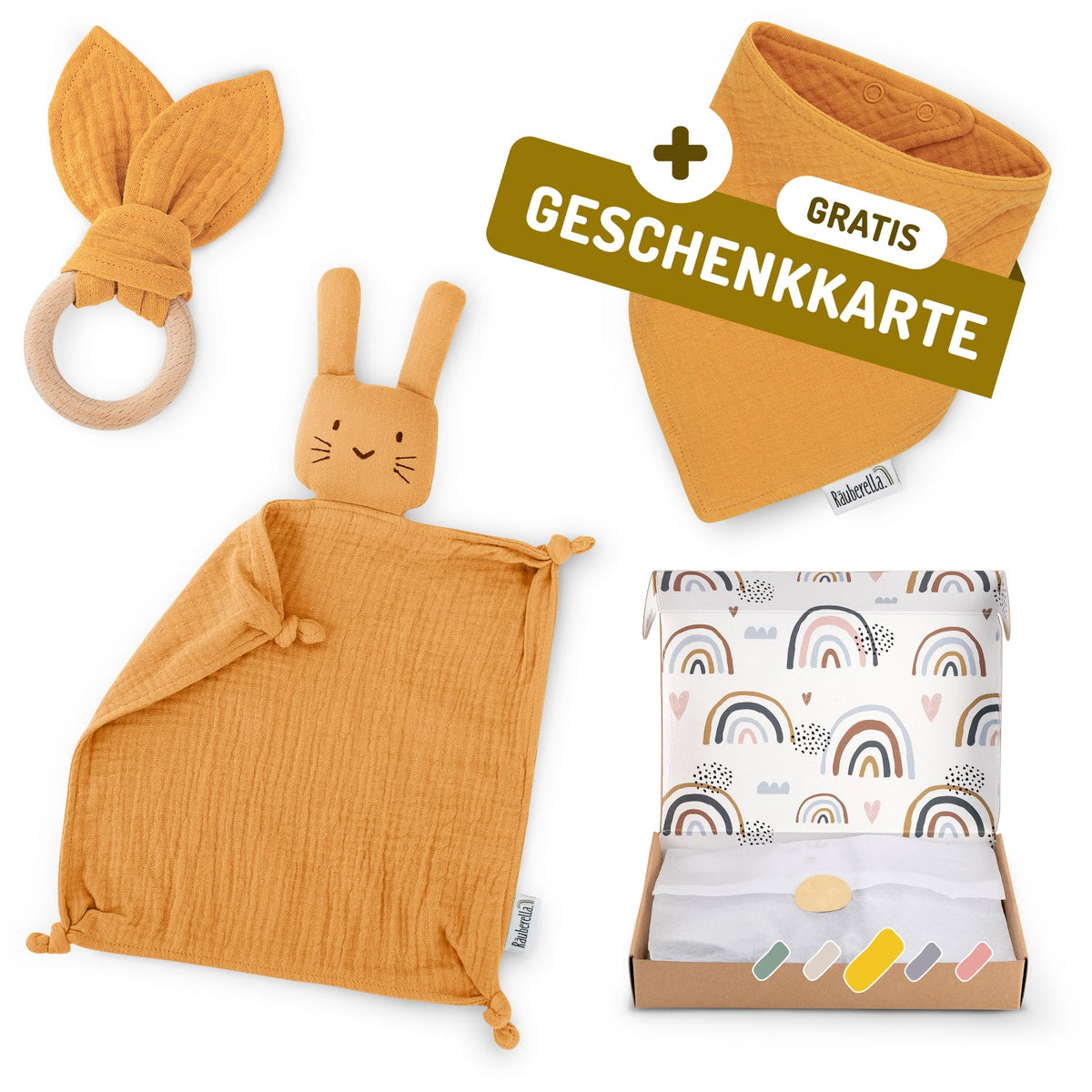 Baby Geschenkset Ocker – Schmusetuch Hase, Holz-Beißring & Halstuch | Musselin