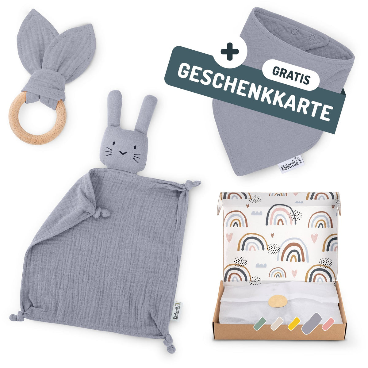 Baby Geschenkset Grau-Blau – Schmusetuch Hase, Holz-Beißring & Halstuch | Musselin