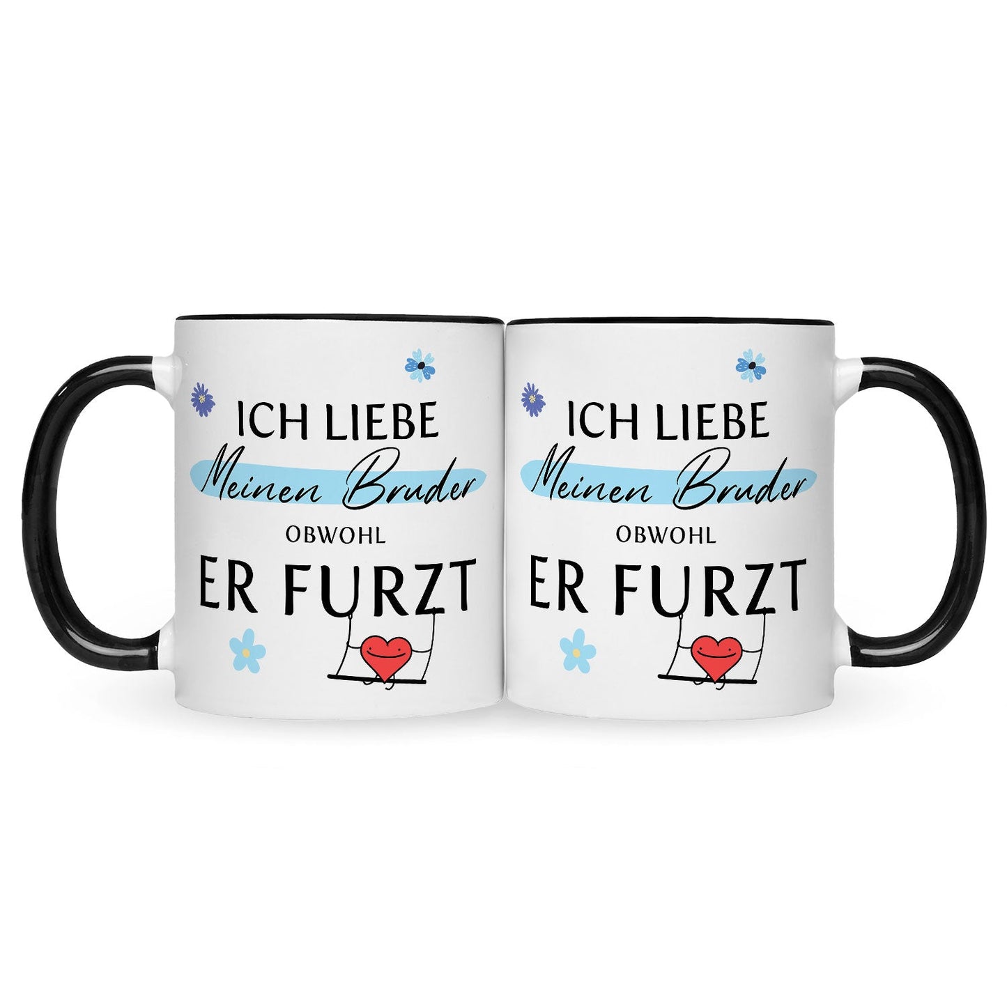 Bedruckte Tasse mit Spruch Ich liebe meinen Bruder obwohl er furzt