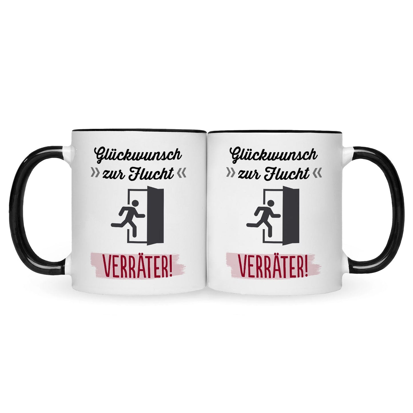 Bedruckte Tasse mit Spruch Glückwunsch zur Flucht