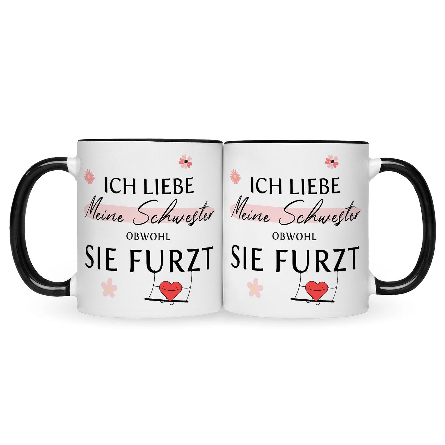 Bedruckte Tasse mit Spruch Ich liebe meine Schwester obwohl sie furzt