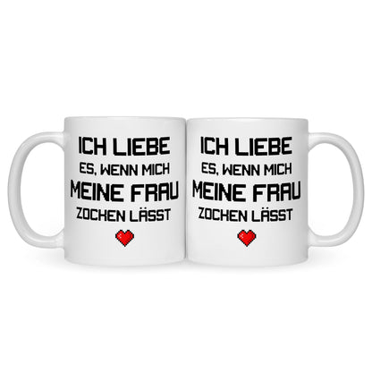 Bedruckte Tasse mit Spruch Ich liebe es wenn mich meine Frau zocken lässt