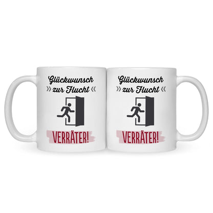 Bedruckte Tasse mit Spruch Glückwunsch zur Flucht